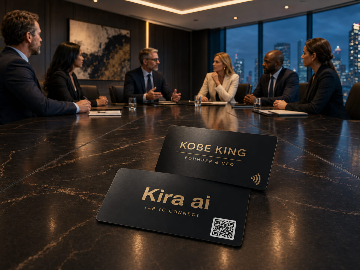 A Kira ai card standing on a boardroom table while a meeting runs in the background at a city-view office