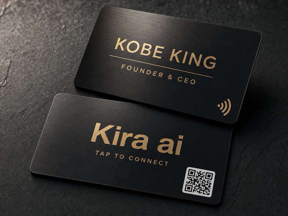 Front and back of a Kira ai NFC business card on dark slate, showing the contactless symbol and the QR code fallback