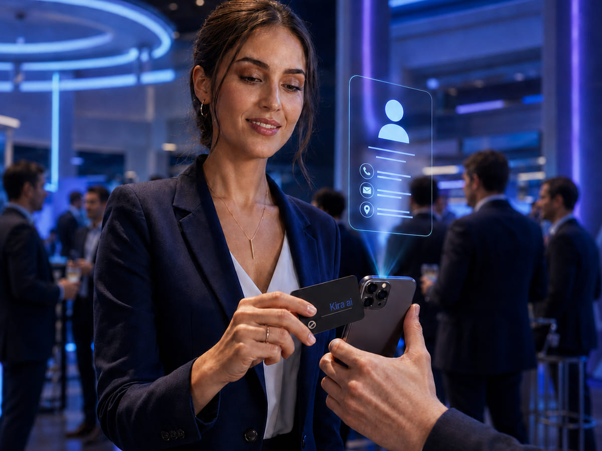 A woman at a networking event holding a Kira ai NFC card to a phone, which projects her digital contact profile above the screen